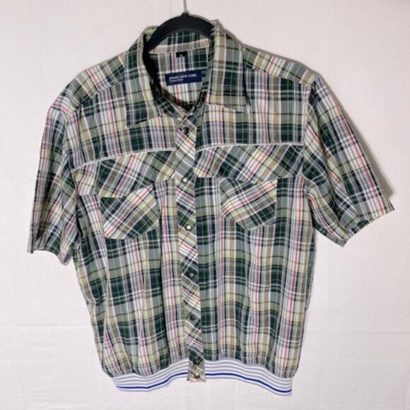 Jones New York Green Wht Plaid Short Sleeve Elastic Hem Snap Front Golf Shirt XL - Picture 1 of 14